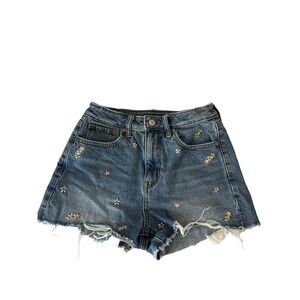 American Eagle Mom Denim Shorts Floral Embroidered Cut Off High Rise Size 00
